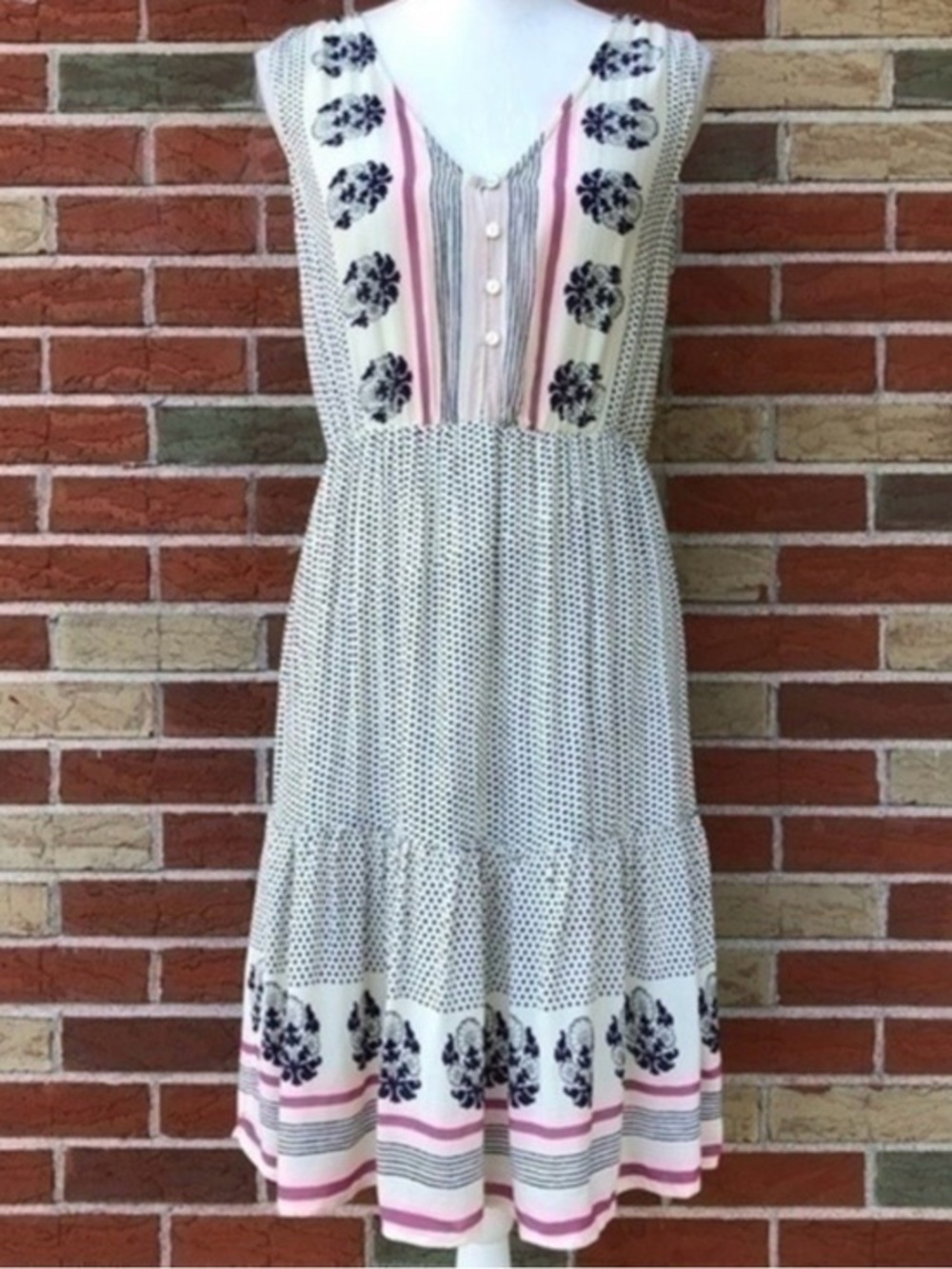 Lucky Brand Luna Border Print NWT White Blue Pink Sleeveless Midi Dress 👗